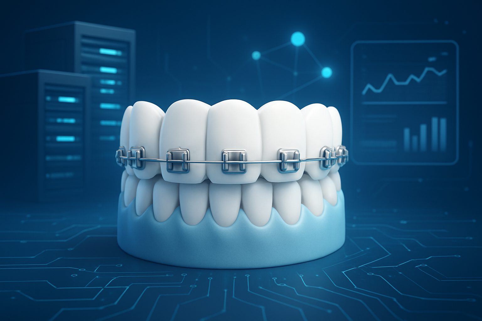 3D illustration of a set of teeth with fixed braces against a digital background.