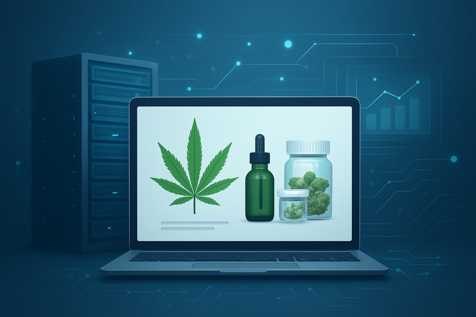 illustration of cannabis products on a laptop screen with a digital backdrop