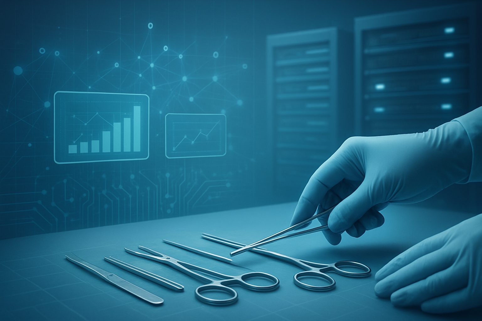 Surgical instruments arranged on a table with digital graphics in the background